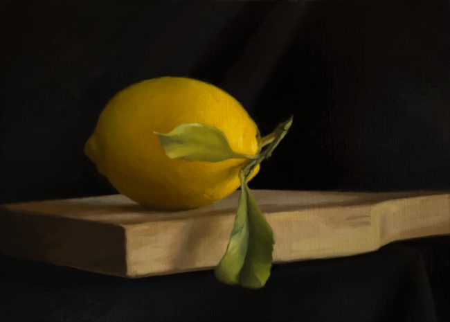 Zitrone auf Holzbrett – Oil on Panel, 30x20cm, 2022