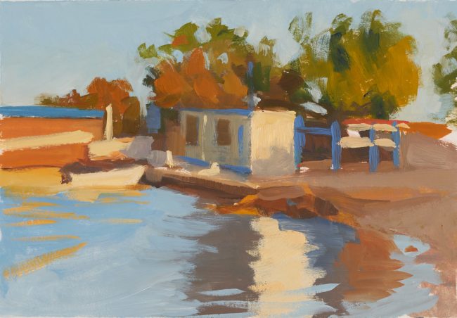 Sunset in Loutsa Harbour 1 – Oil on Paper, 21x15cm, 2022