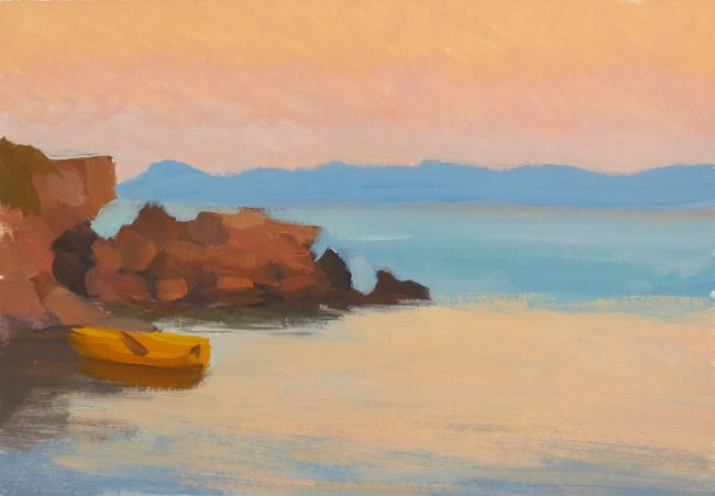 Sunset in Loutsa Harbour 2 – Oil on Paper, 21x15cm, 2022